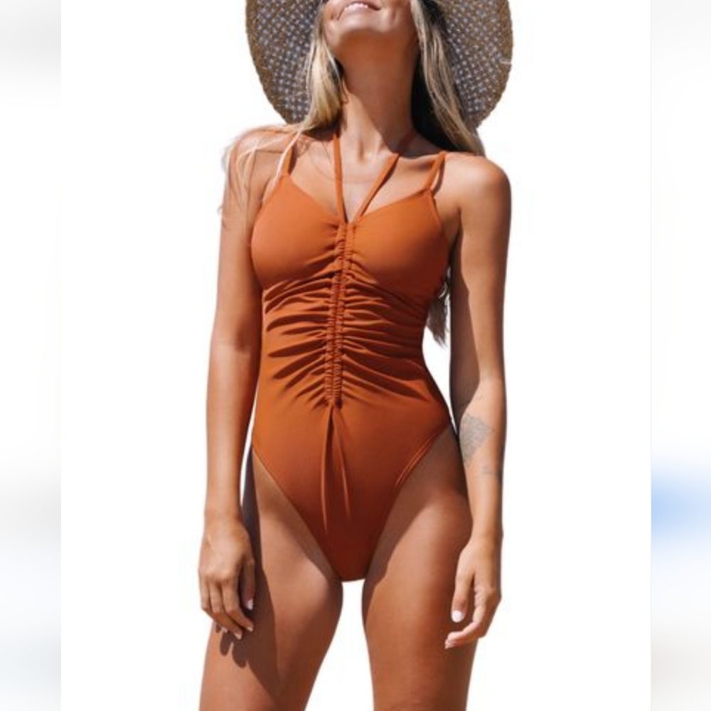 CUPSHEE Haltered Ruched One Piece Swimsuit XL Orange